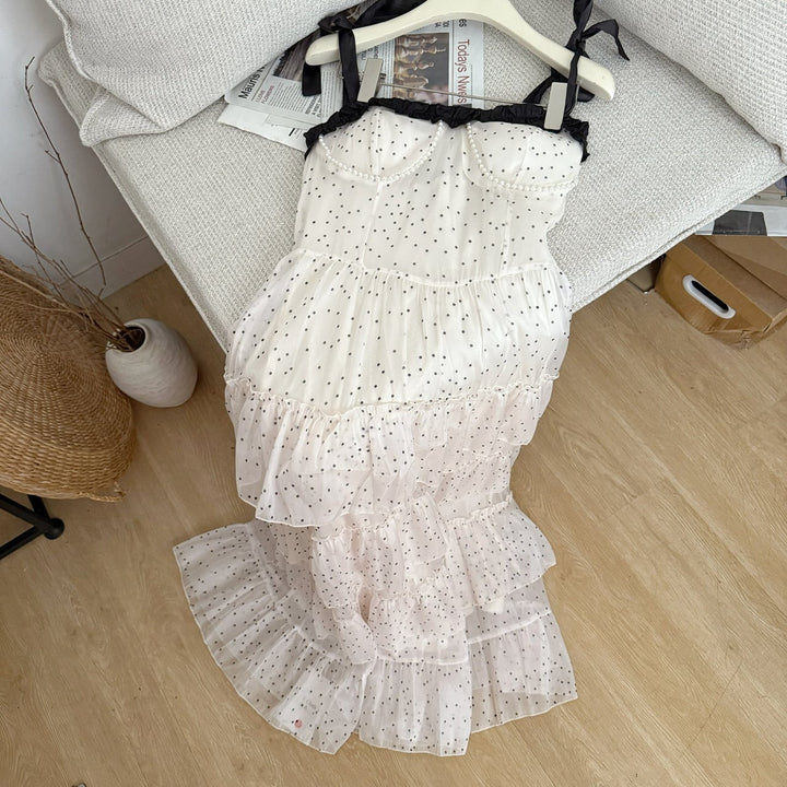 【dress】ショルダーリボンドット柄ワンピース　M32122