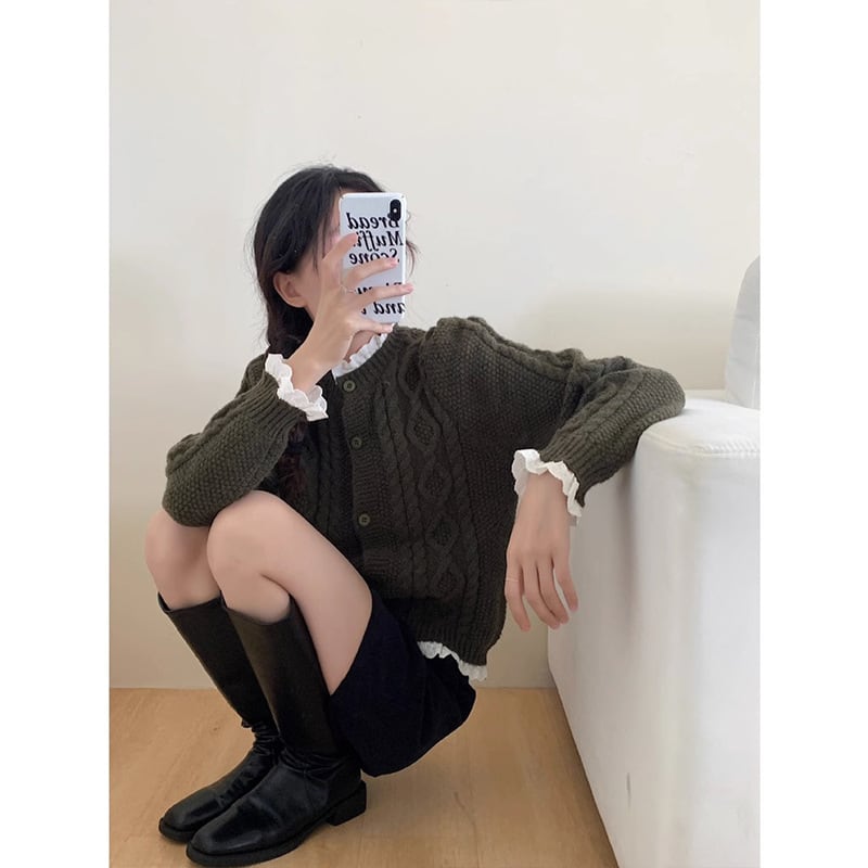 【outer】レース切り替えニットカーデ　M18149