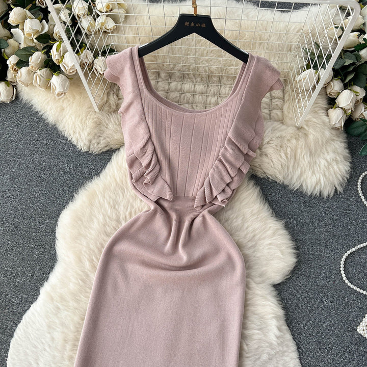 【dress】おしゃれ！フリル薄手ニットワンピース着瘦せ　M16865