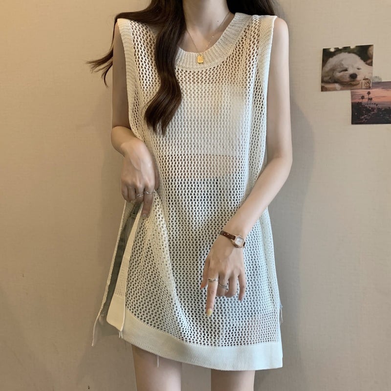 【tops】透け感ロングニットベスト Q8236