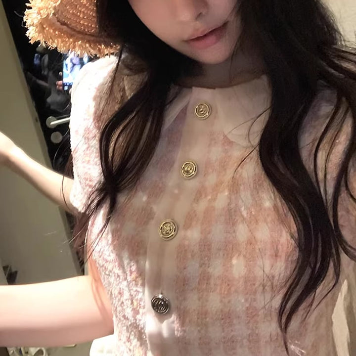 【tops】半袖チェック柄ピーターパンカラートップス Q8274