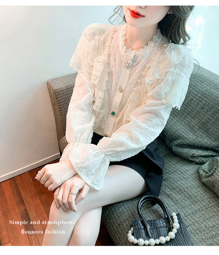 【tops】エレガントレース切り替えシャツトップス　M17378