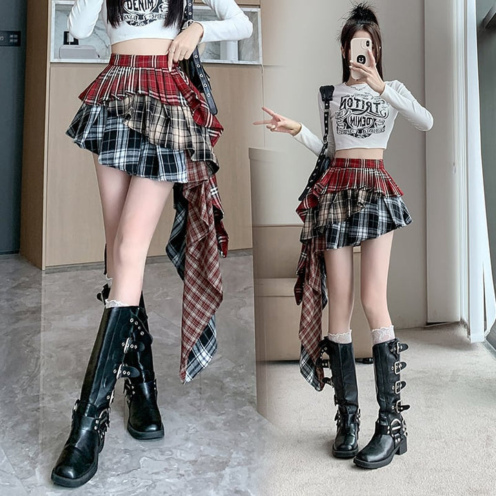 【bottoms】不規則 イレギュラーチェック柄スカート　M24410
