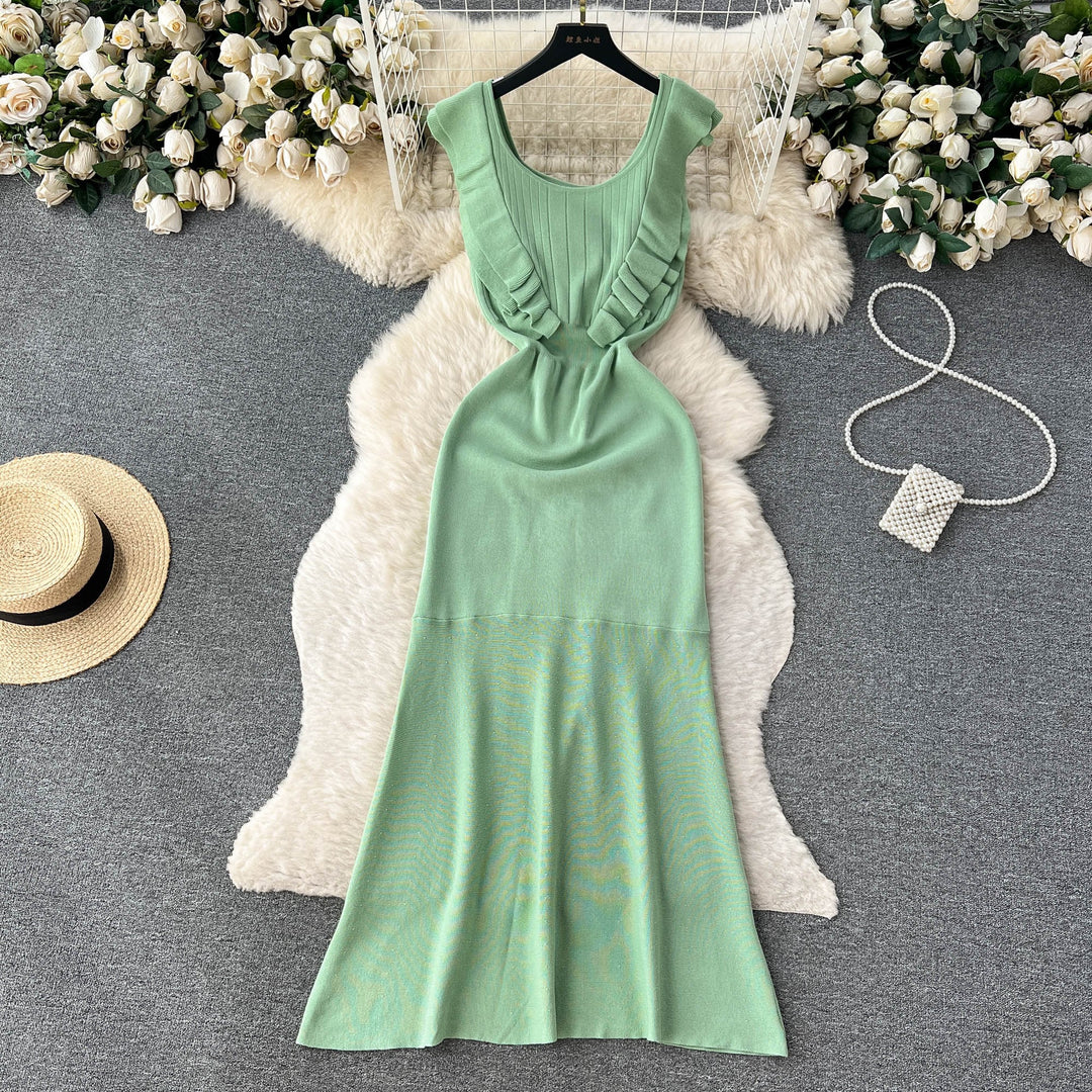 【dress】おしゃれ！フリル薄手ニットワンピース着瘦せ　M16865