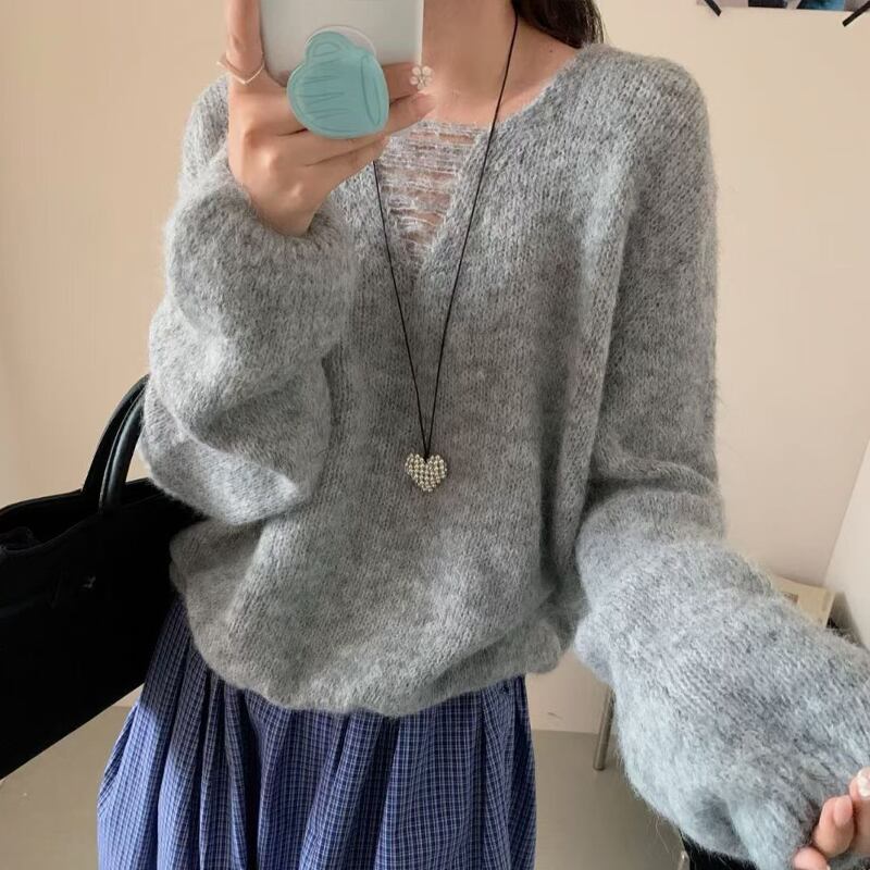 【tops】ダメージ加工ニットトップス Q7916