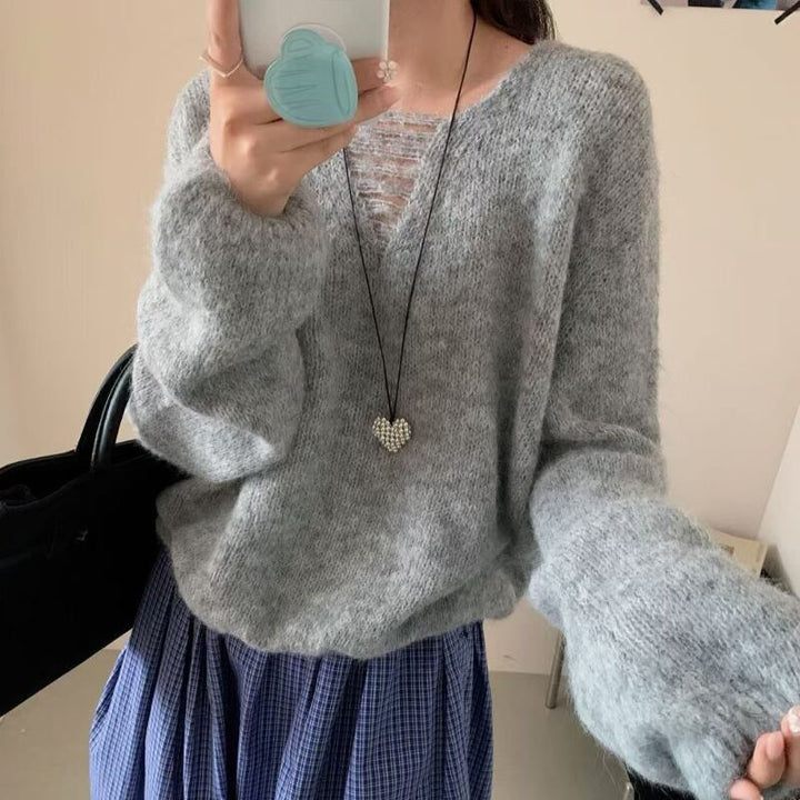 【tops】ダメージ加工ニットトップス Q7916