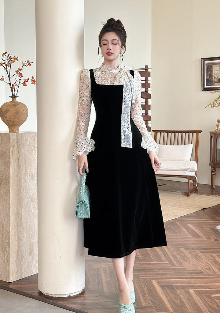 【dress】ドット柄チュールドッキングベルベットワンピース Q7365