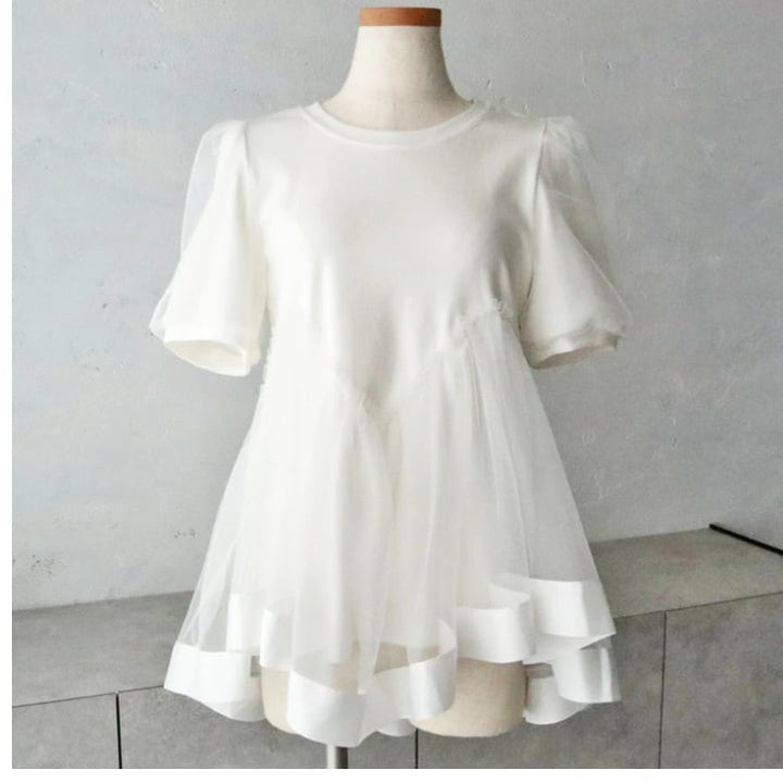 【tops】チュール切り替えTシャツ　M24045