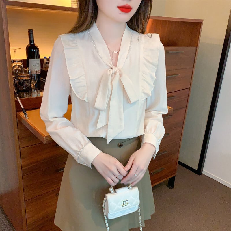 【tops】美人度アップリボン付きシャツトップス超人気　M17338