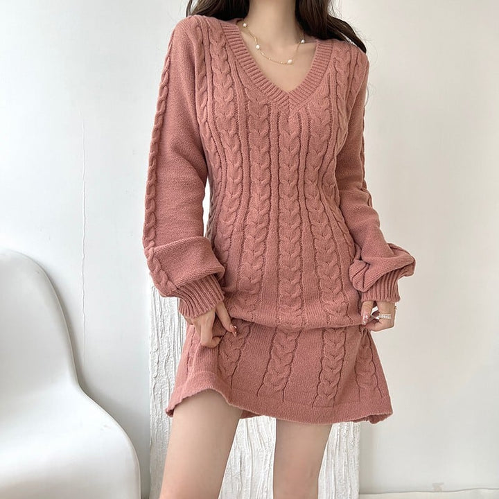 【dress】Vネック無地ニットワンピース　M17948