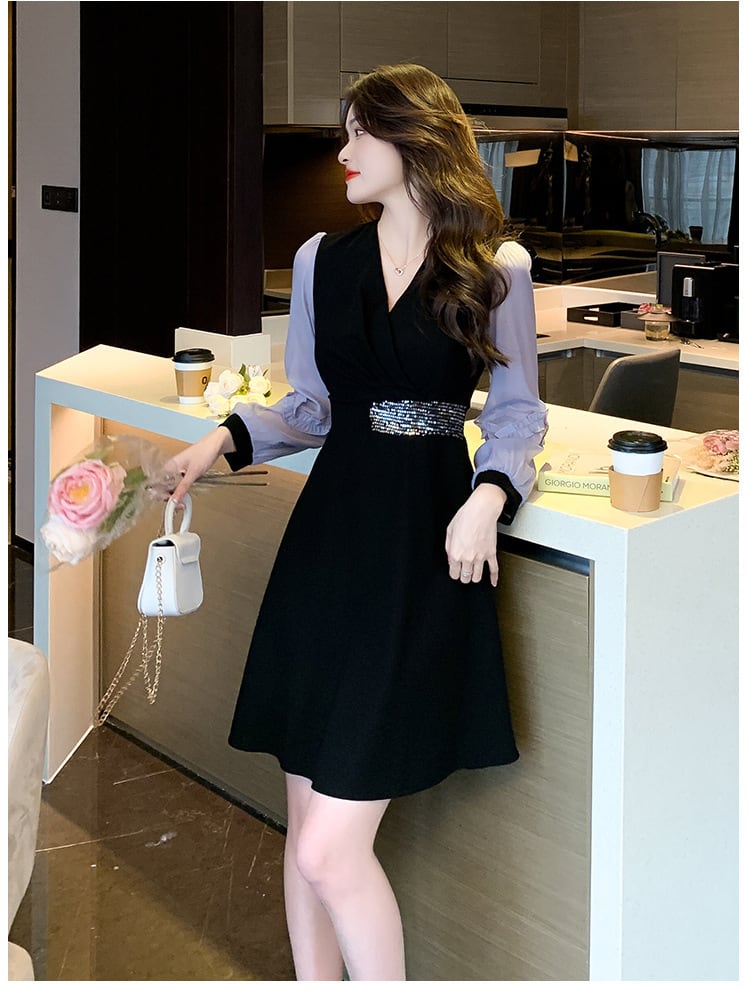 【dress】目立つ！パフスリーブエレガントデートワンピース　M17482