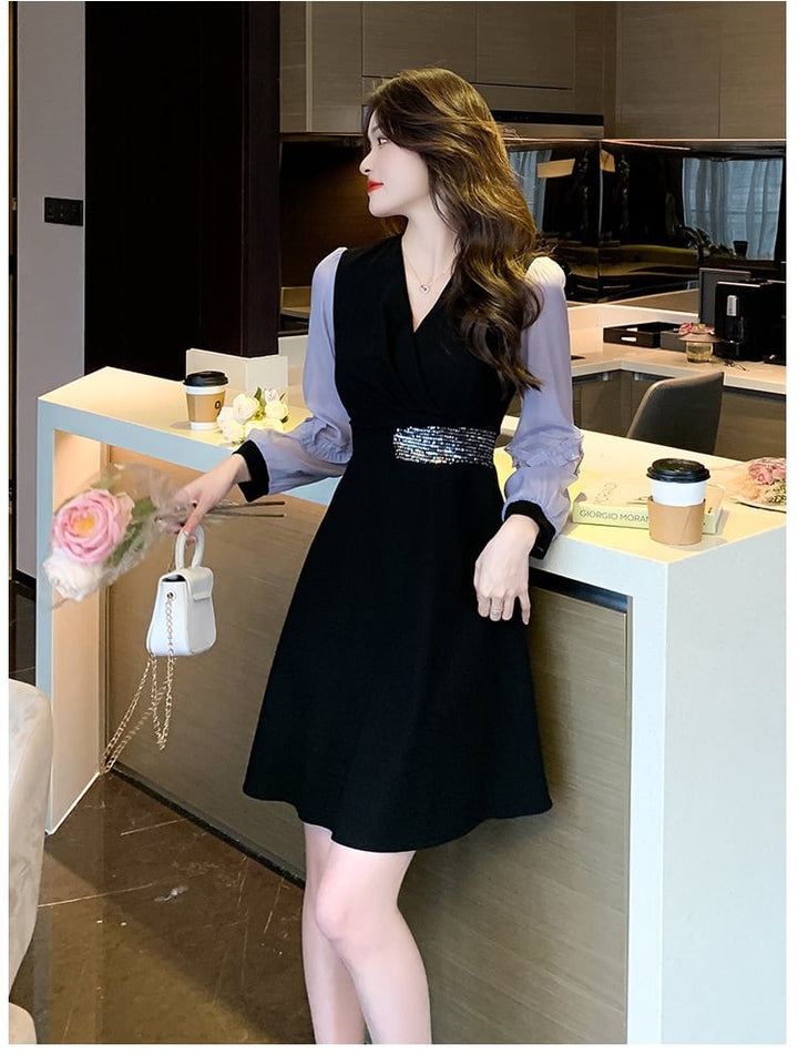【dress】目立つ！パフスリーブエレガントデートワンピース　M17482
