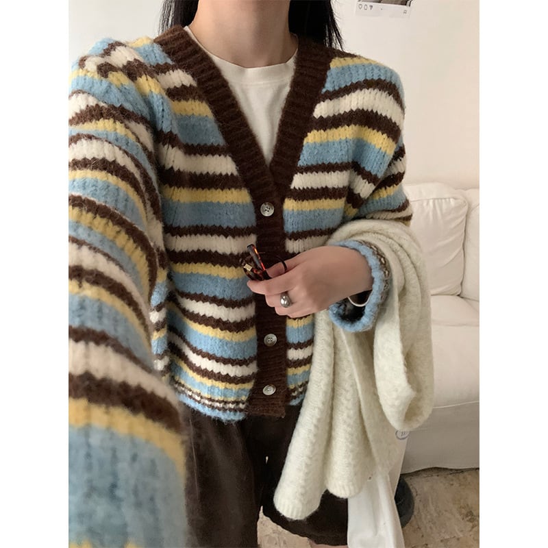 【outer】ボーダー柄ニットカーデ　M27406