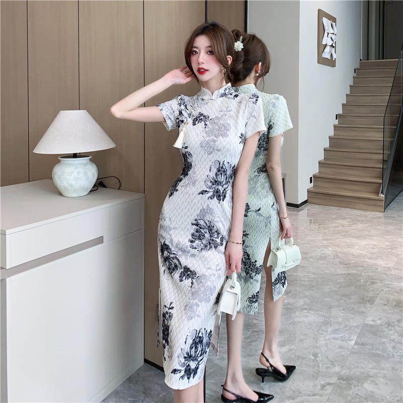 【dress】絶対流行エレガントスリットプリントワンピース　M16799