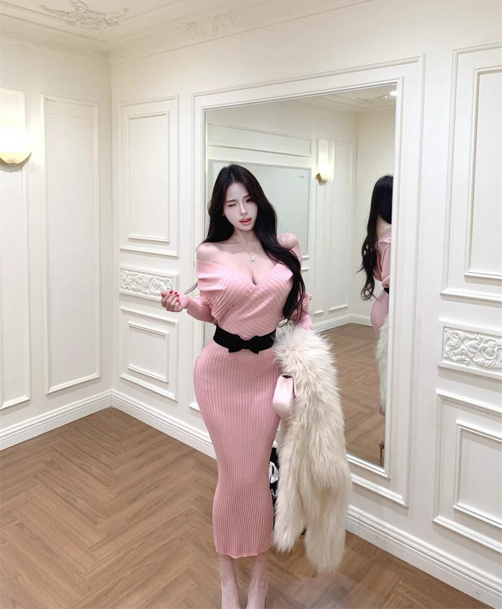 【dress】クロスネックニットワンピース Q7545