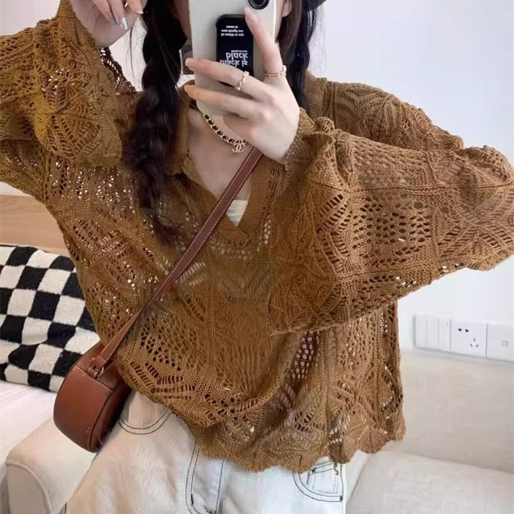 【tops】ベルスリーブ透かしニットトップス Q8308