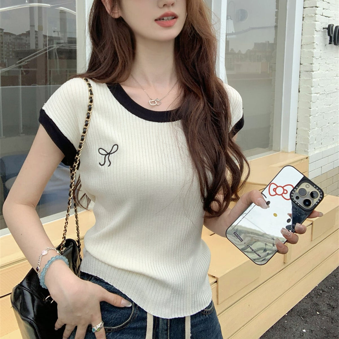 【tops】リボン刺繍ニットTシャツ　M25106
