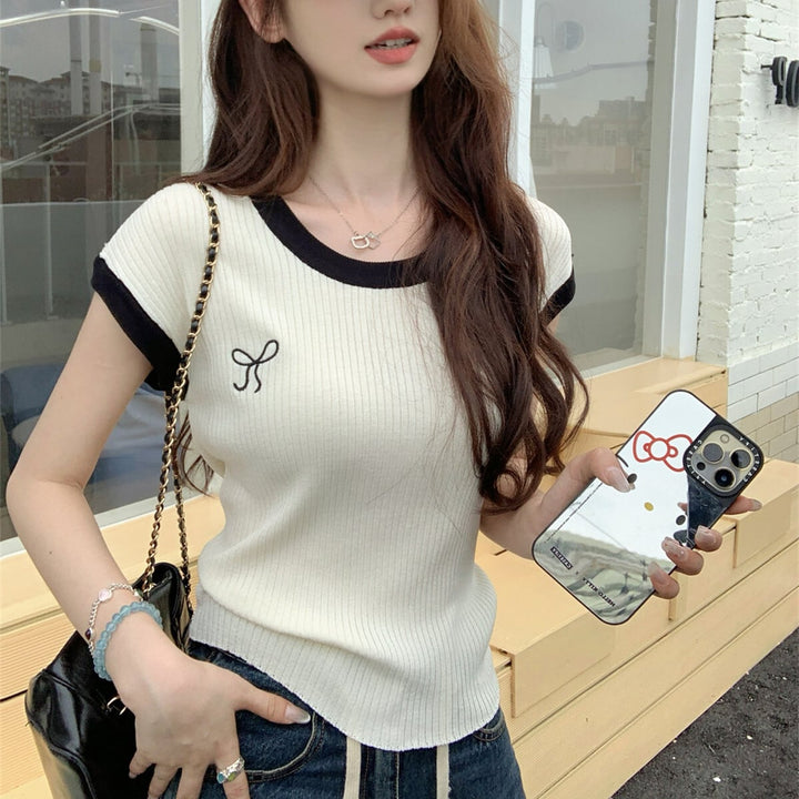 【tops】リボン刺繍ニットTシャツ　M25106