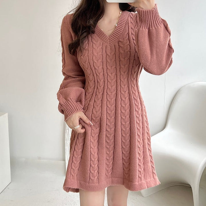 【dress】Vネック無地ニットワンピース　M17948