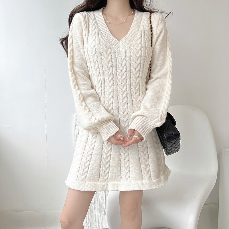 【dress】Vネック無地ニットワンピース　M17948
