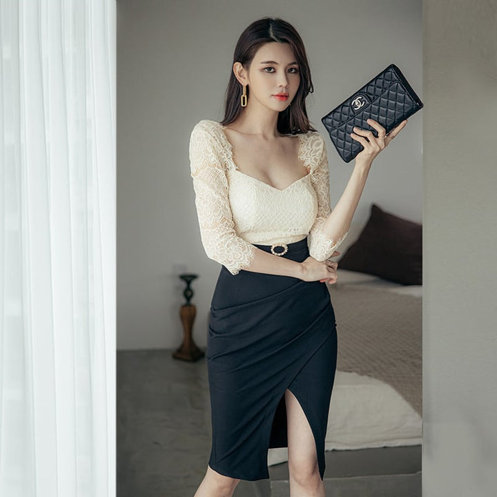 【dress】レース切り替えワンピース　M25400
