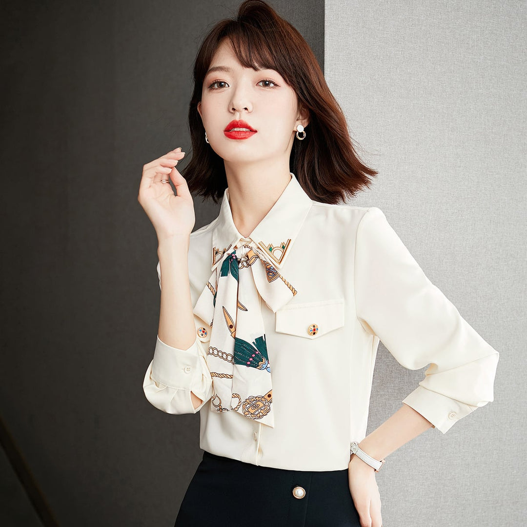 【tops】人気アイテム ! リボン付きプリントシャツトップス　M16842