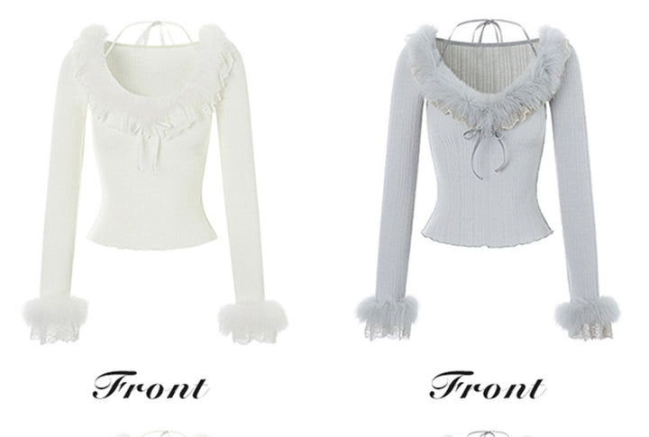 【tops】ファーレースドッキングニットトップス　N3355