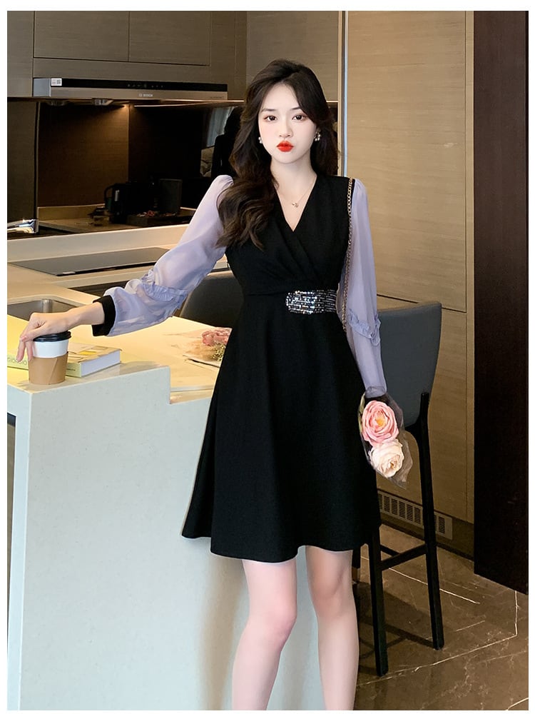 【dress】目立つ！パフスリーブエレガントデートワンピース　M17482