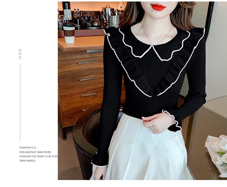 【tops】折り襟フリルニットトップス　M18137