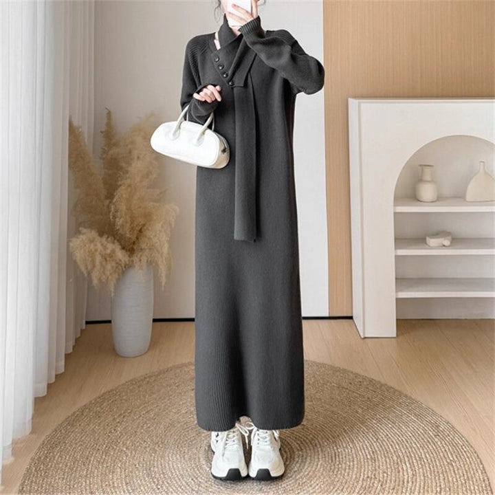 【dress】マフラー付きロングニットワンピース Q7315