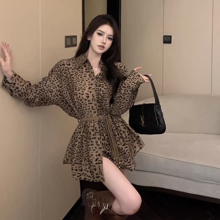 【dress】ベルト付きヒョウ柄シャツワンピース Q8279