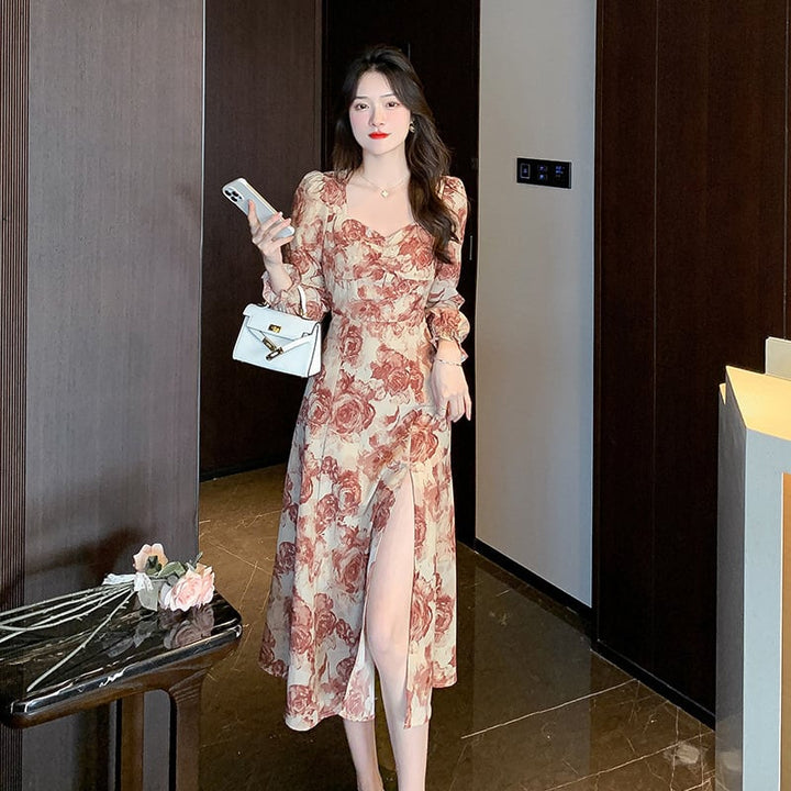 【dress】話題沸騰中 オシャレスリット花柄ワンピース　M17306