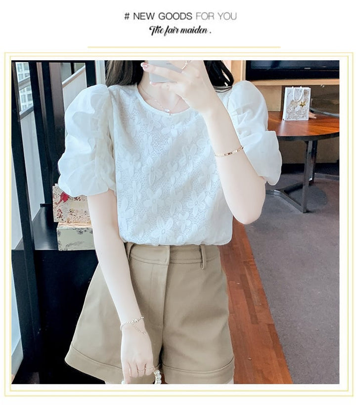 【tops】パフスリーブジャカードカットワークトップス　M17126