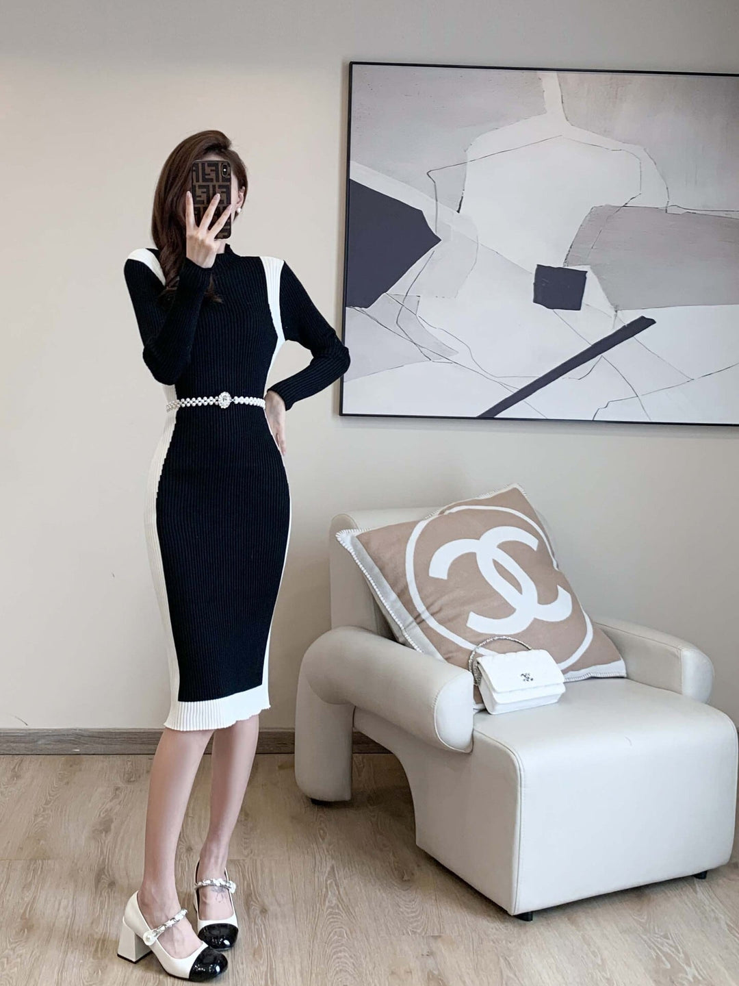 【dress】配色切り替えニットワンピースベルト付き　M17676