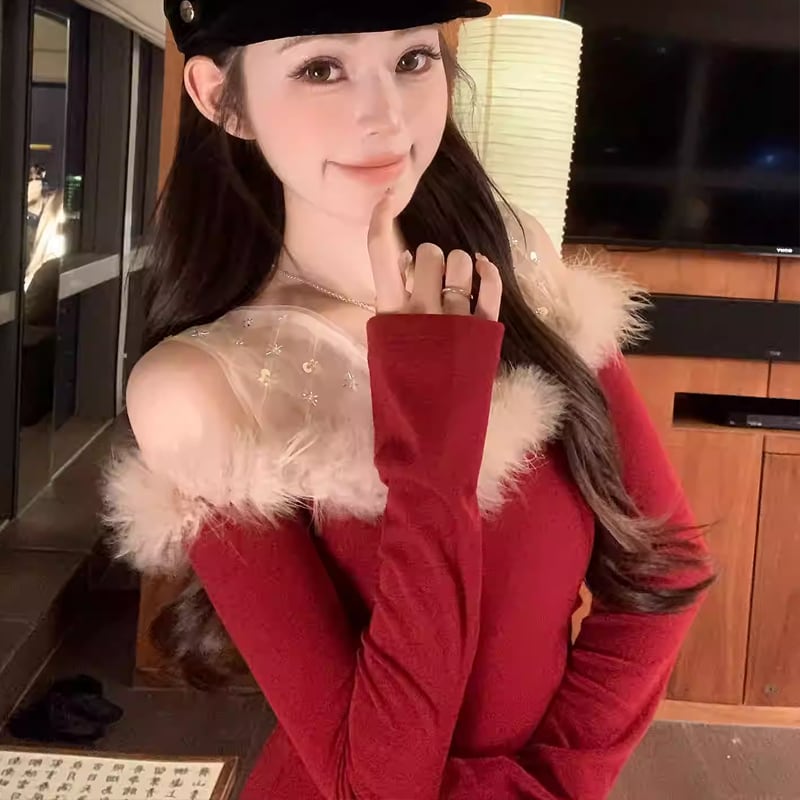 【tops】ファー付きフェイクレイヤードトップス Q7840