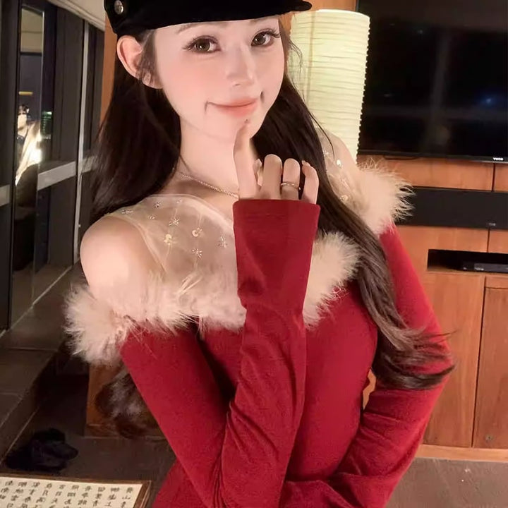 【tops】ファー付きフェイクレイヤードトップス Q7840