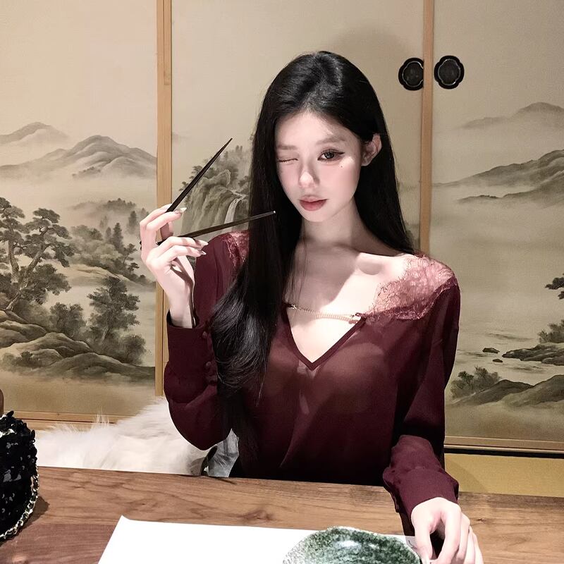 【tops】レースドッキングシフォンシャツ Q8001