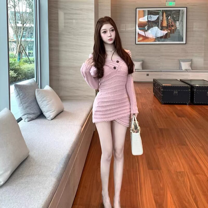 【dress】オフショルダーニットワンピース Q7816