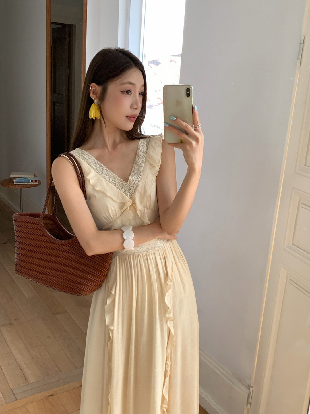 【dress】ノースリーブレースドッキングロングワンピース Q8657
