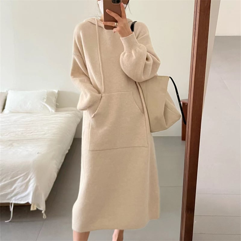 【dress】韓国系フード付きシンプルニットワンピース　M17525