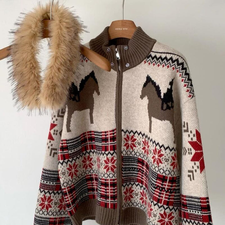 【outer】ファー付きニットカーディガン Q7611
