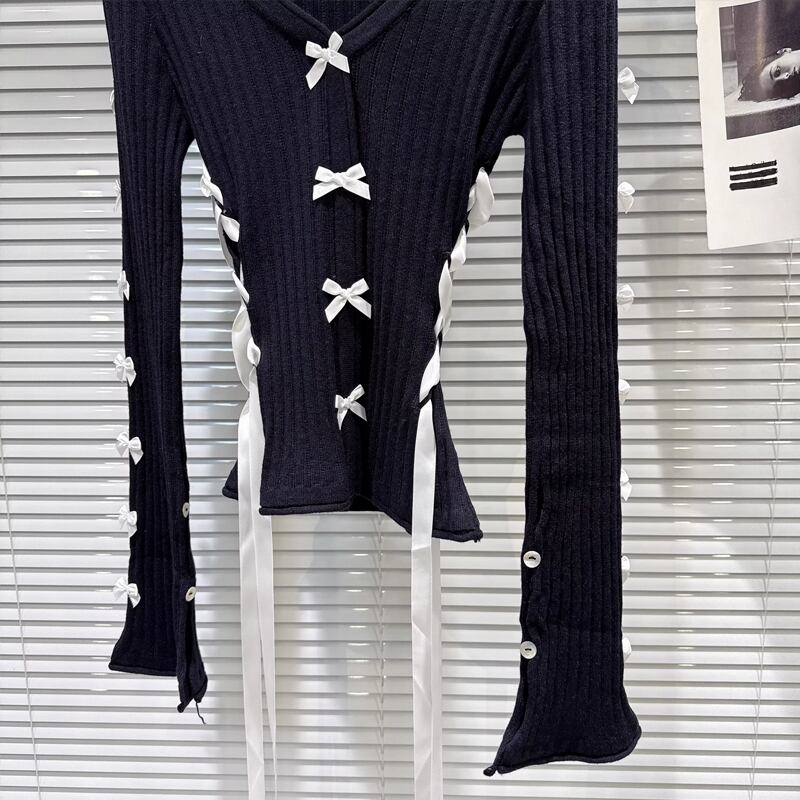 【tops】リボン付きニットトップス Q7892