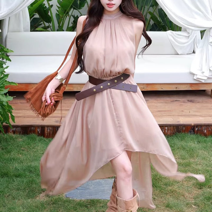 【dress】ベルト付きノースリーブシフォンイレヘムワンピース Q8263