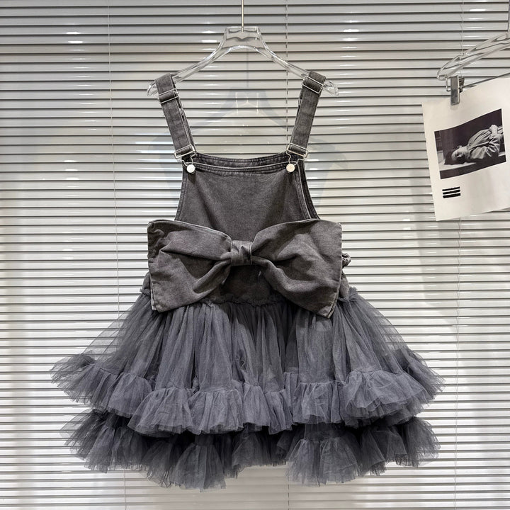 【dress】ビッグリボンチュールドッキングデニムサロペット　N3571