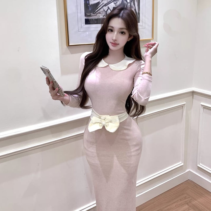 【dress】ベルト付きピーターパンカラーロングワンピース Q7733