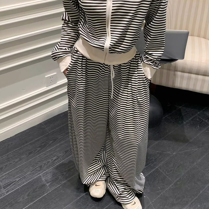 【set】ボーダー柄ジップアップ×ワイドパンツセット Q8144