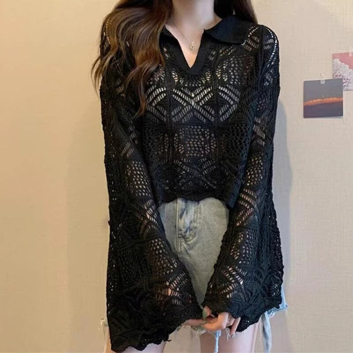 【tops】ベルスリーブ透かしニットトップス Q8308