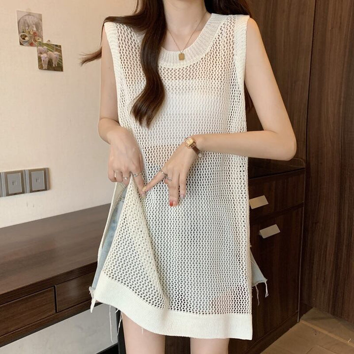 【tops】透け感ロングニットベスト Q8236