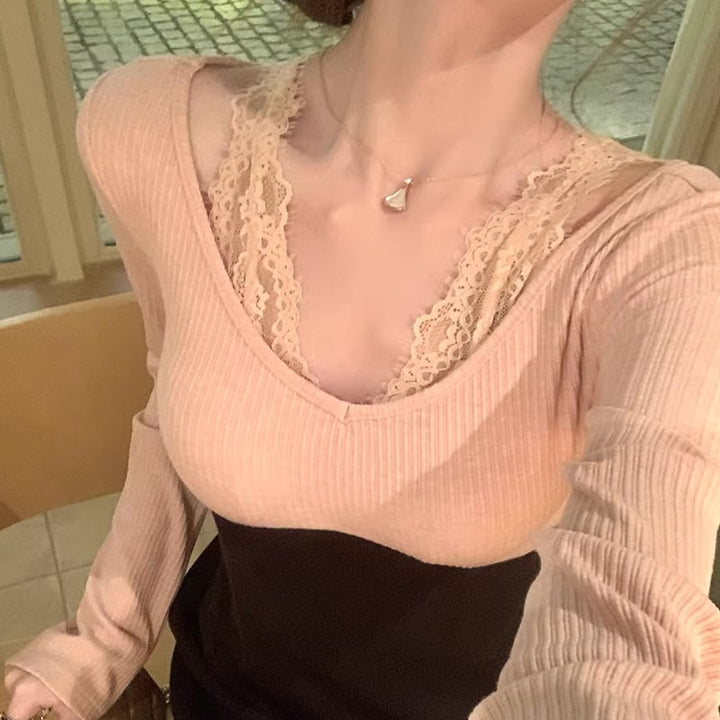 【dress】レースドッキングロングニットワンピース Q7853