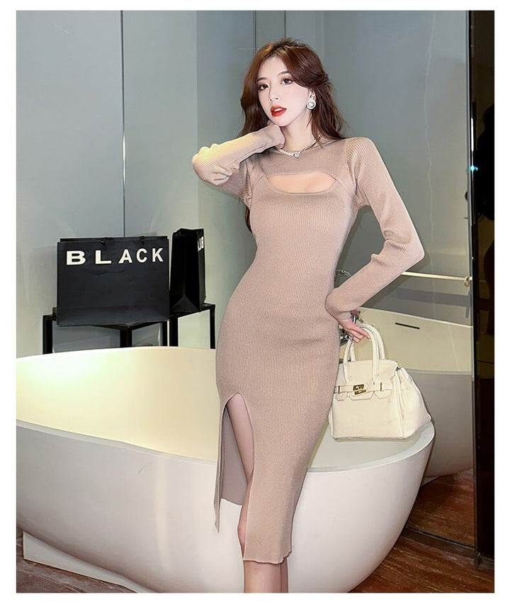 【dress】女性力を高める～スリットニットワンピース　M17630